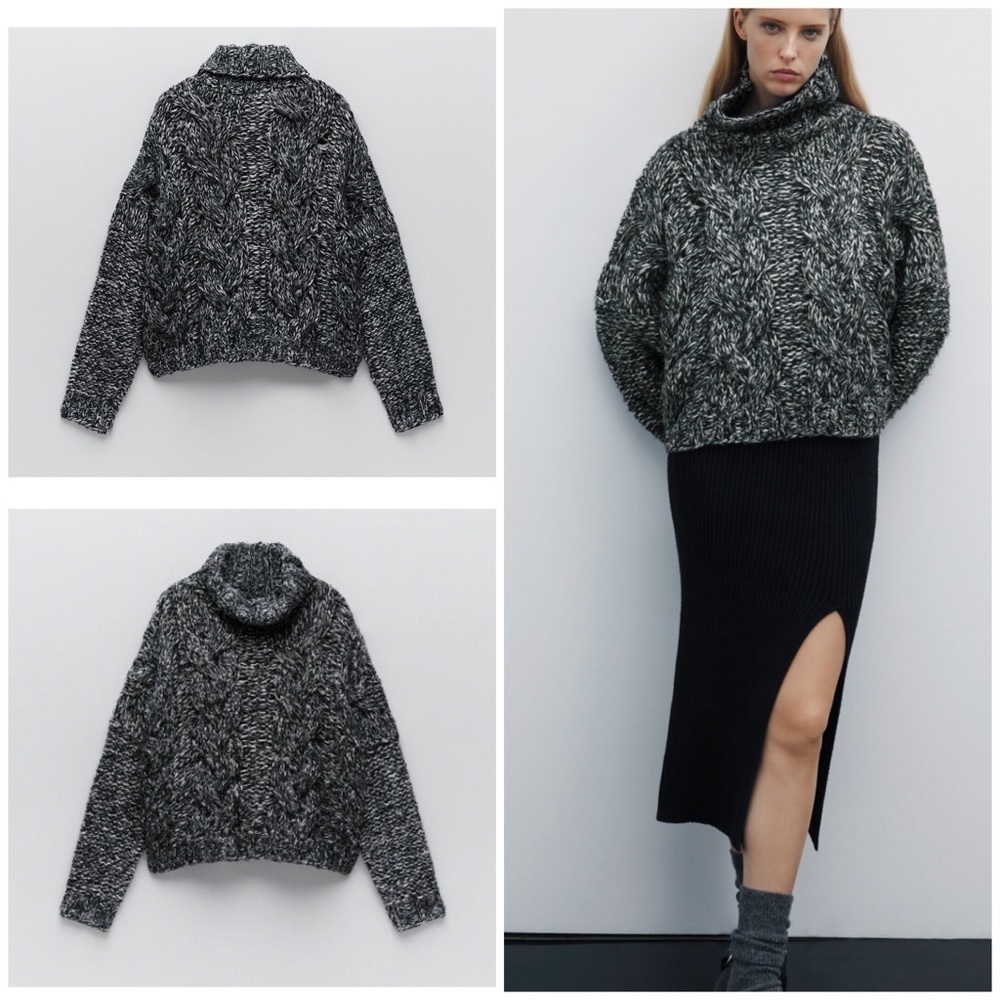 NWT Zara Oversized Chunky Knit Turtleneck Gray Marled Sweater Size Small​​​​​